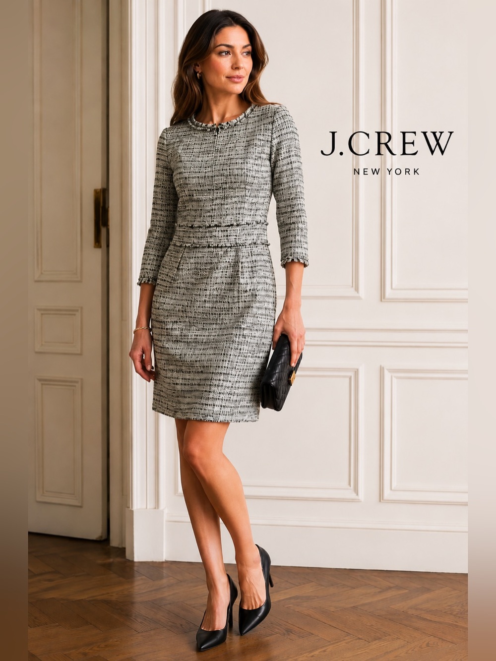 J.Crew Tweed Sheath Dress Womens 8 Black Cream Boucle Fringe Quiet Luxury Midi